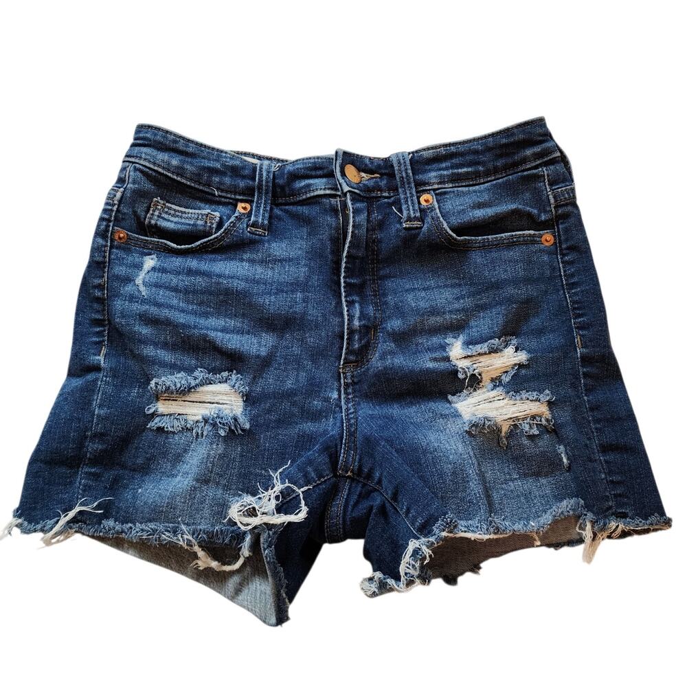 Universal Thread High Rise Midi Jean Shorts Size 4/27 Blue Distressed Cut Off